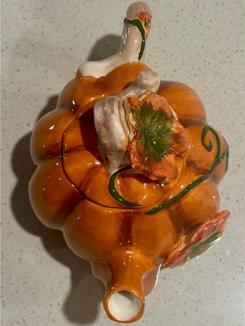 Glossy Orange Ceramic Pumpkin Teapot  with Green Vine Accent and Lid